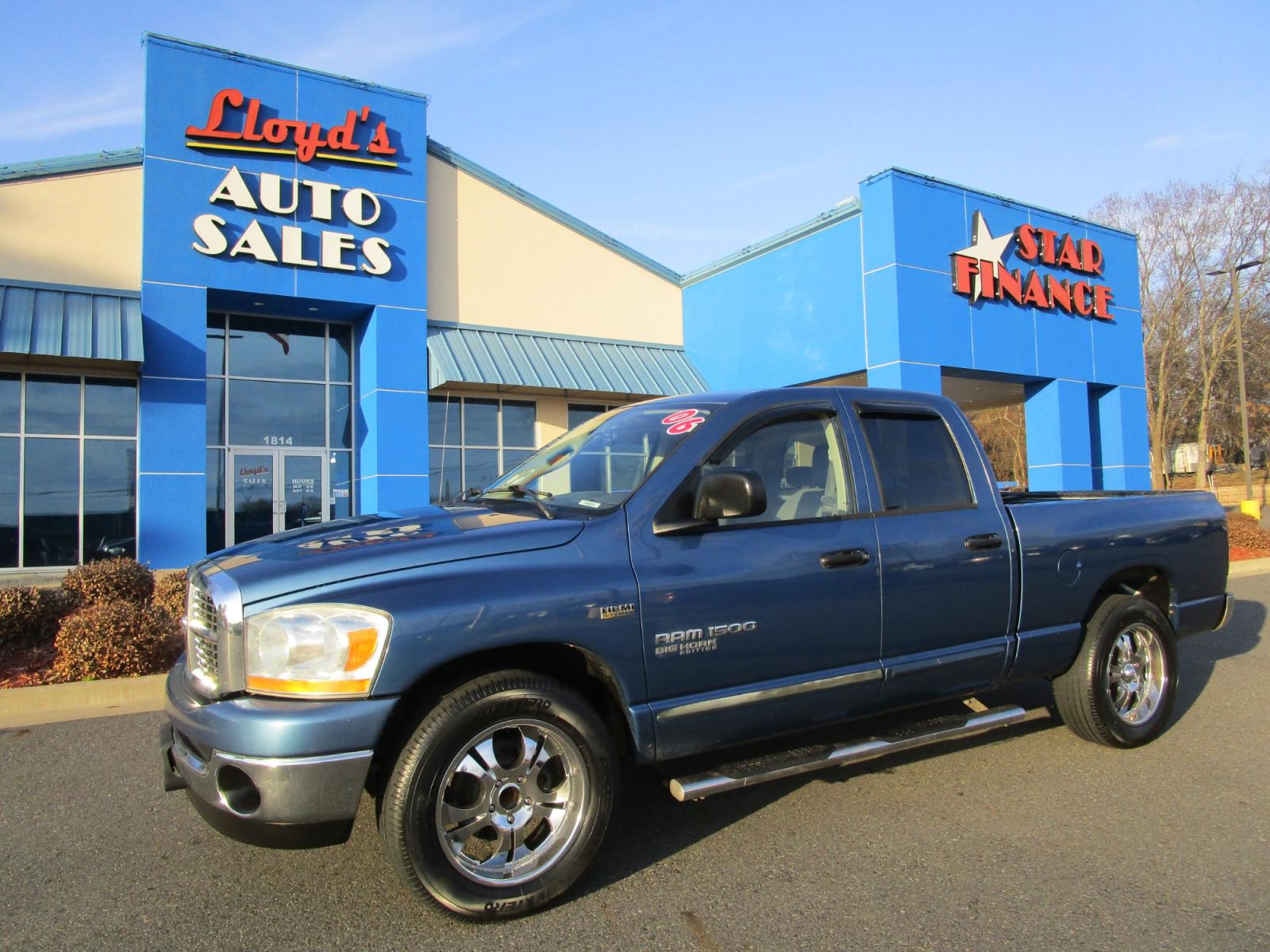 2006 Blue /Gray / Cloth Dodge Ram 1500 Laramie Quad Cab 2WD (1D7HA18296S) with an 5.7L V8 OHV 16V engine, 5-Speed Automatic Overdrive transmission, located at 1814 Albert Pike Road, Hot Springs, AR, 71913, (501) 623-1717, 34.494228, -93.094070 - Photo #1